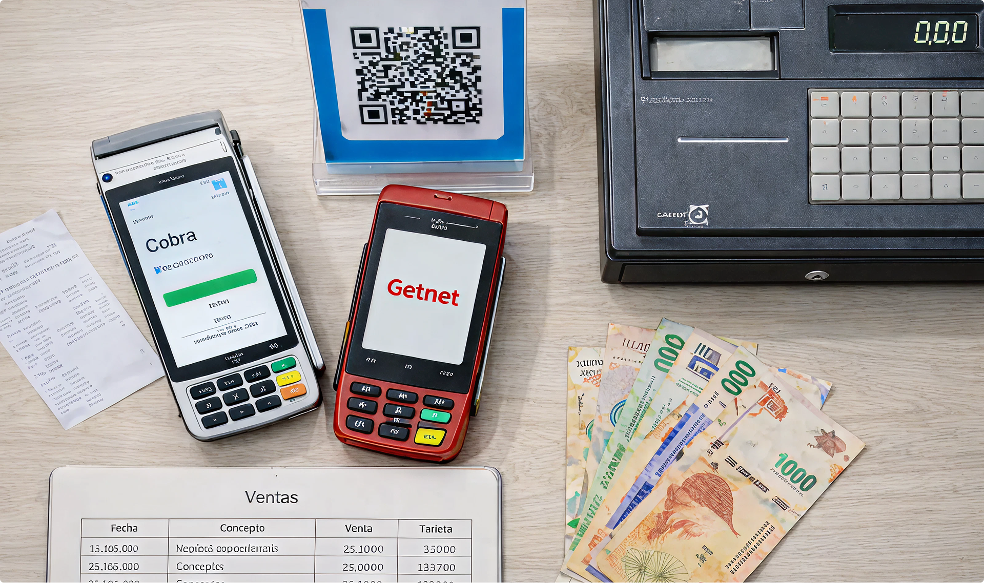 mostrador de un comercio con caja, efectivo, terminales de pago y cartel de QR